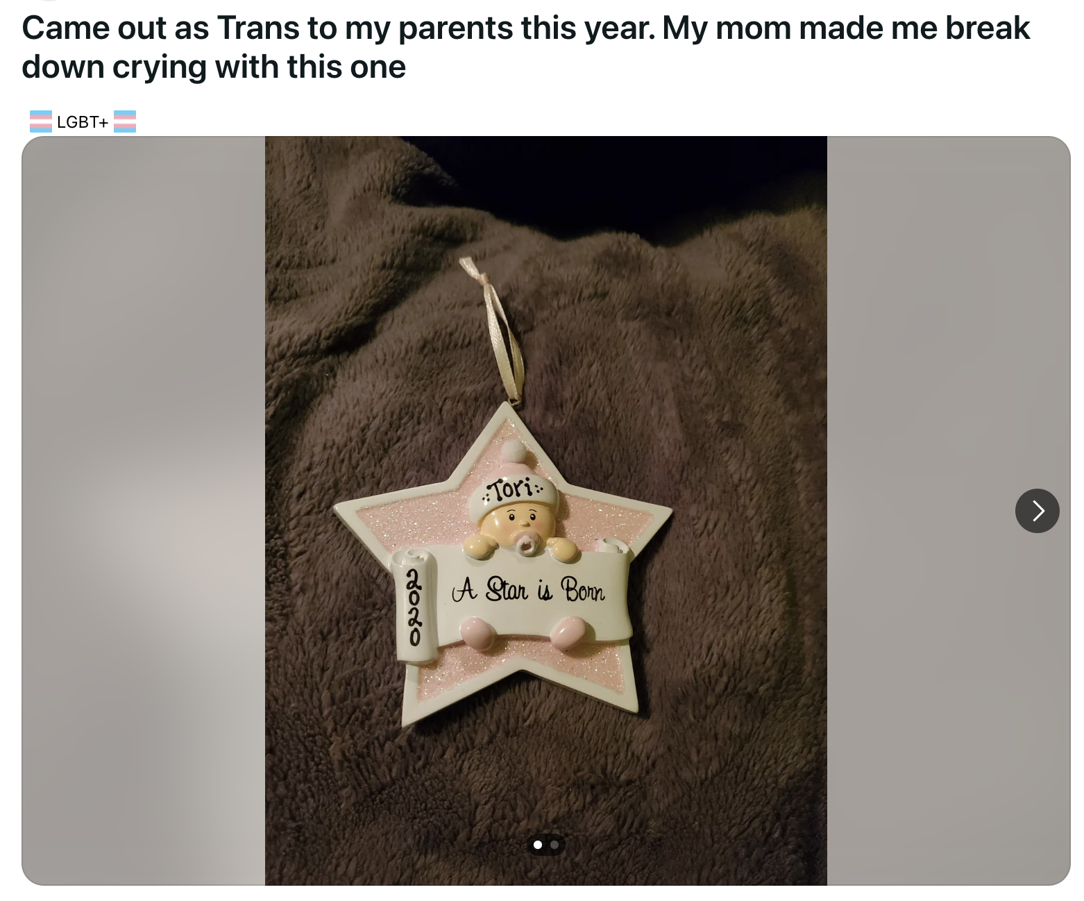 A personalized star-shaped ornament with a teddy bear and text &quot;Tori, A Star is Born&quot; celebrating a child&#x27;s gender identity