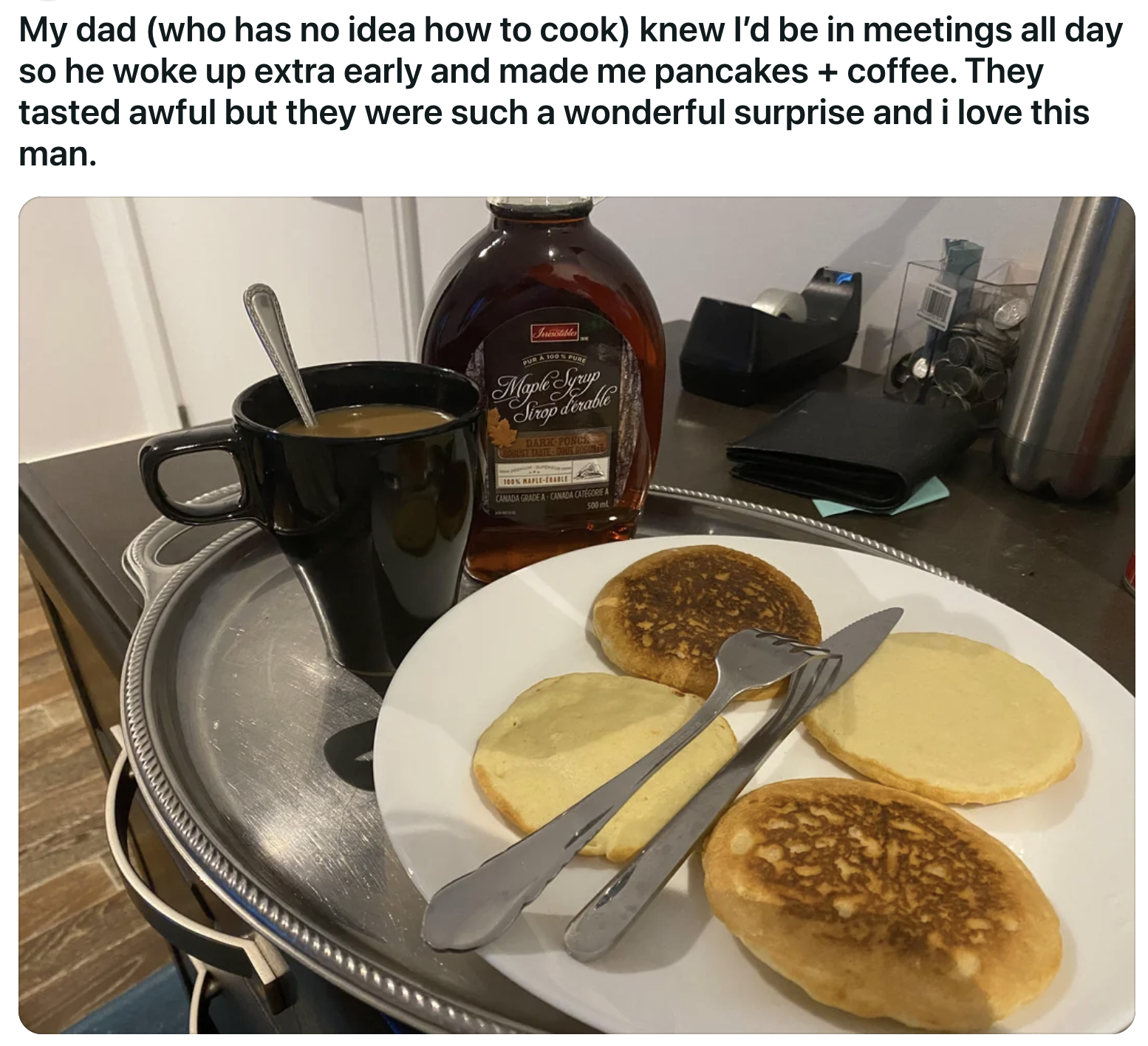Heartwarming photo of homemade pancakes and coffee, a thoughtful gesture from a father
