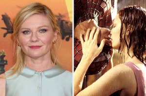 Split image: Left, actress with blonde hair smiling; Right, iconic Spider-Man upside-down kiss scene