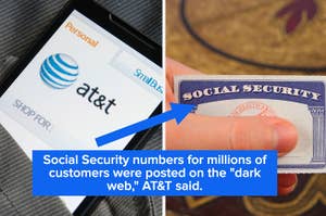AT&T badge close-up and Social Security card, symbolizing data breach news on customer information leaked to the dark web
