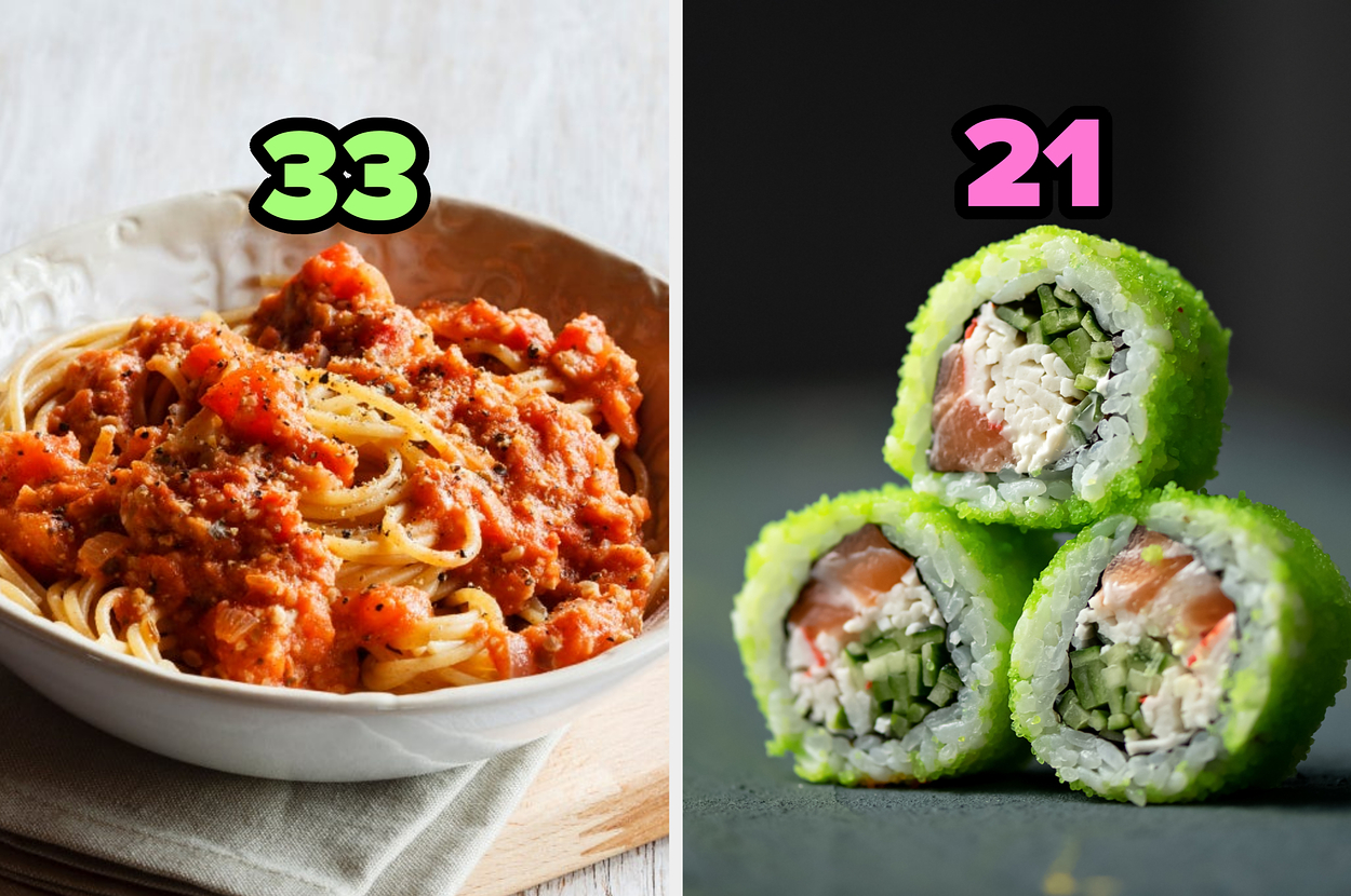 Side-by-side images of a plate of spaghetti with meat sauce and a sushi roll cut into pieces. Each has a number: 33 and 21
