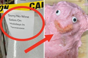 Sign stating "Sorry No Wine Sales On Holidays In Tennessee" next to an ice cream cake resembling a surprised face