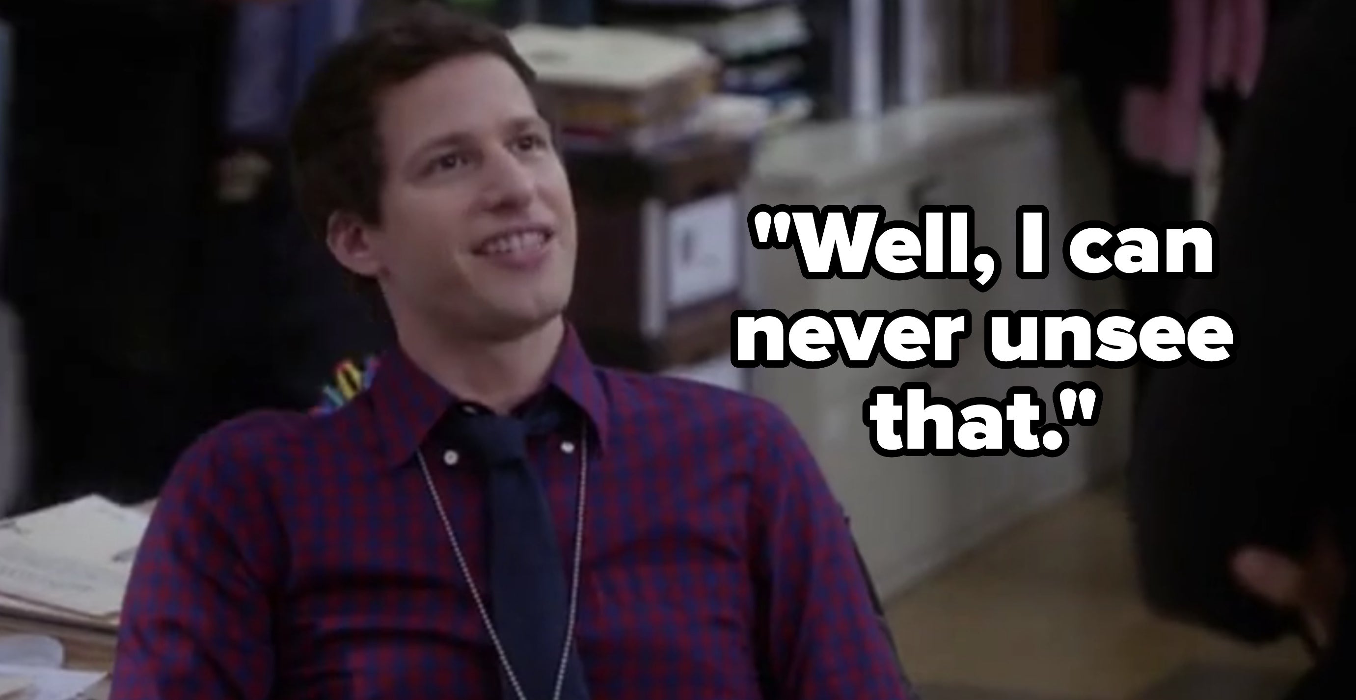 Jake Peralta from Brooklyn Nine-Nine wearing a plaid shirt and badge, smiling, seated indoors