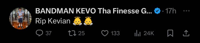 Social media post by BANDMAN KEVO mourning &quot;Rip Keivian&quot; with emoji, showing interaction counts