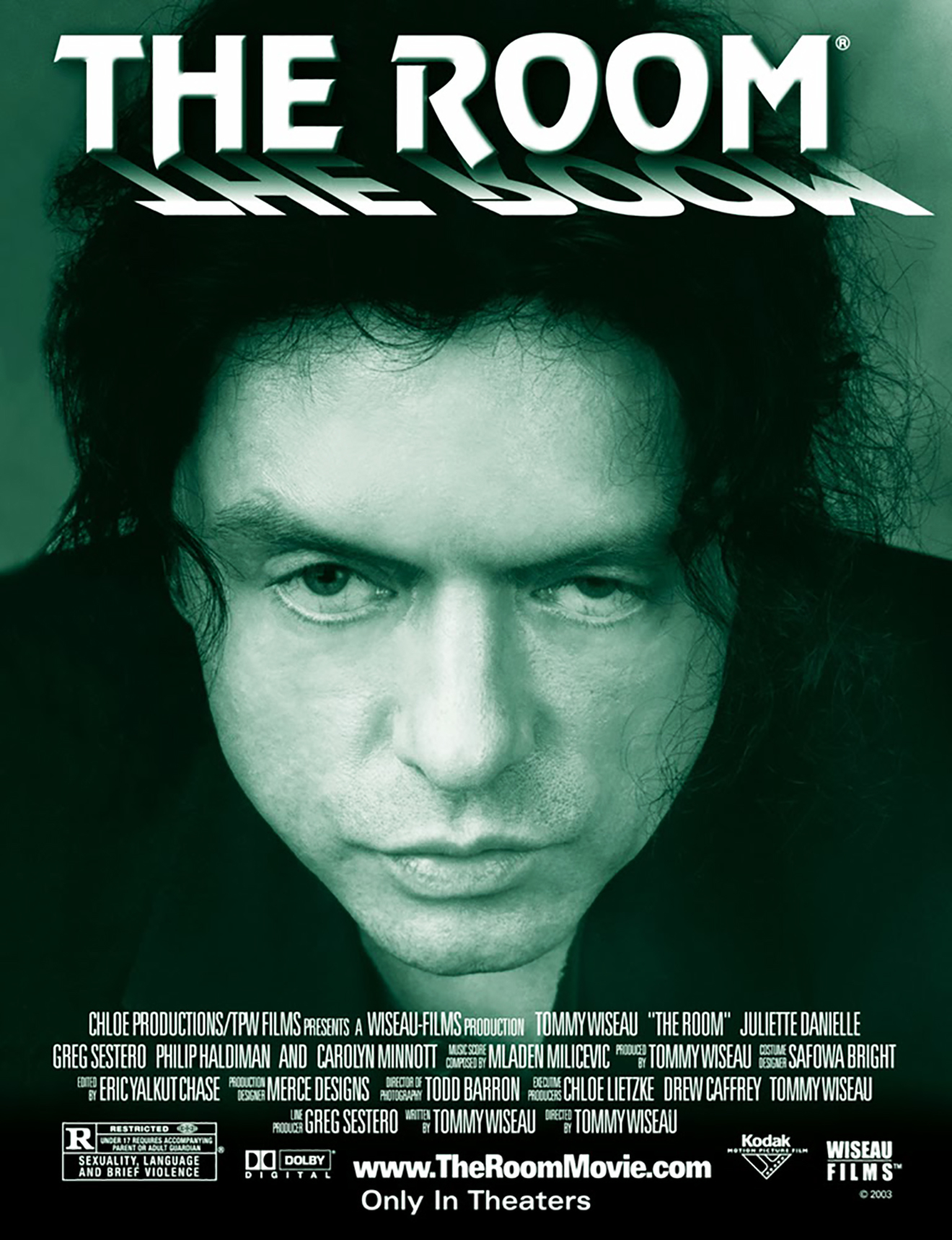 Movie poster for &quot;The Room&quot; featuring Tommy Wiseau with a serious expression. Text includes cast and &quot;Only In Theaters&quot; tagline
