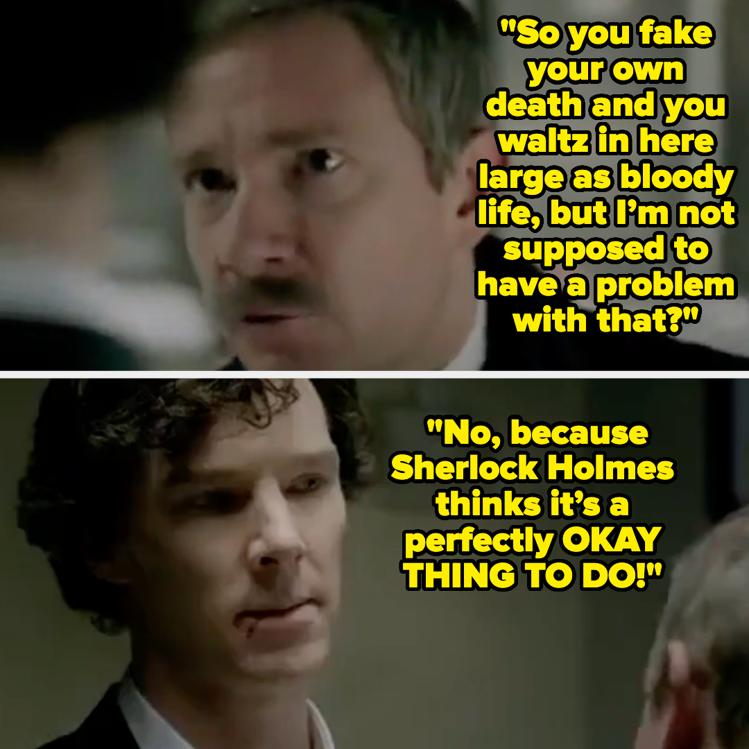 Two characters from the TV show Sherlock in a dialogue scene, expressing frustration and sarcasm