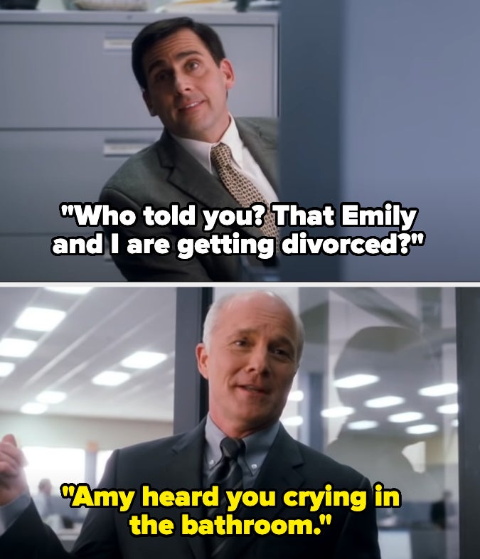 Three-panel image from a TV show featuring two male characters in a conversation in an office setting