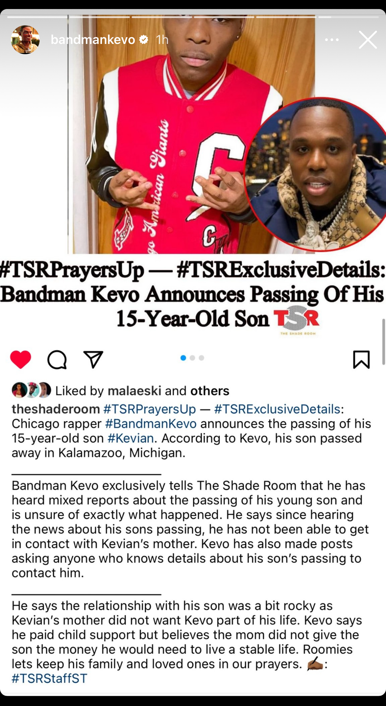 Bandman Kevo announces the passing of his 15-year-old son. Text and photos are integrated with tributes and condolences