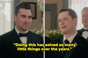 Two men in tuxedos at a wedding, one with a boutonniere, with a quote about problem-solving over the years