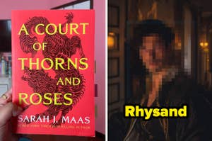 Stack of Sarah J. Maas "A Court of Thorns and Roses" series books beside blurred person captioned Rhysand