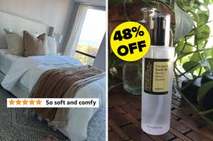 Product promotion: Bedroom with comfy bedding and skincare bottle with 48% off label, customer satisfaction stars
