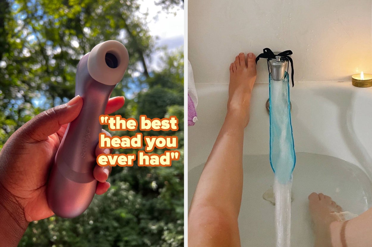 hand holding purple suction vibrator and model in bathtub with feet next to faucet extender for pleasure