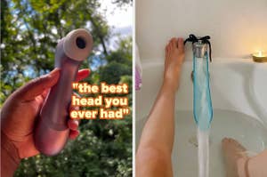 hand holding purple suction vibrator and model in bathtub with feet next to faucet extender for pleasure