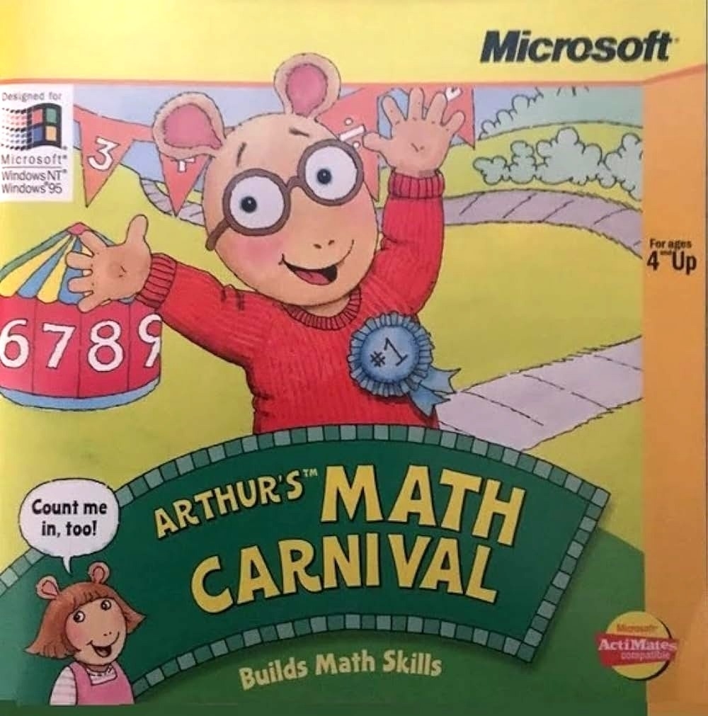 Arthur from &quot;Arthur&#x27;s Math Carnival&quot; game cover raises hands excitedly, with math symbols and carnival elements around