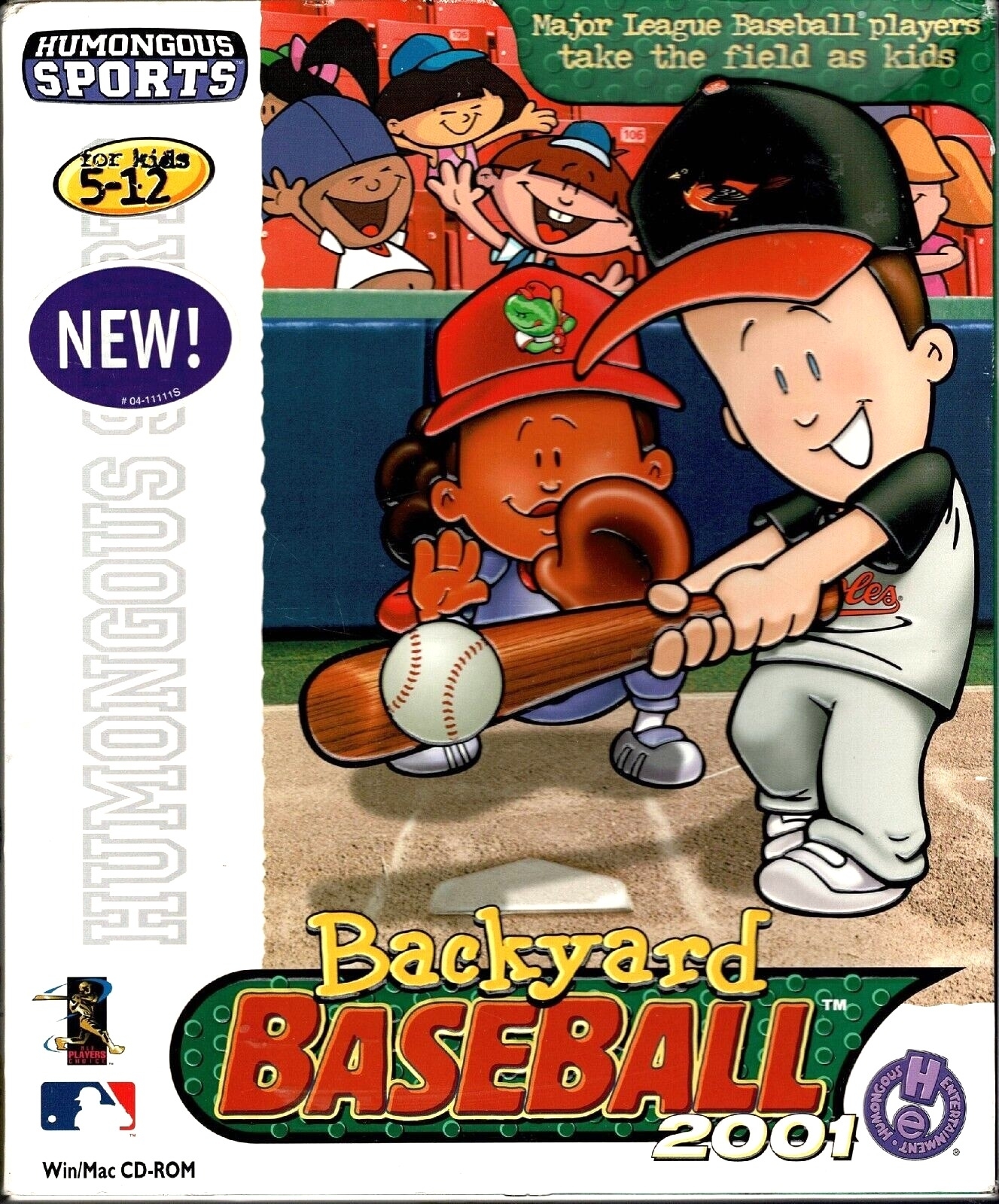 Cover of &quot;Backyard Baseball 2001&quot; video game featuring cartoon children in baseball gear with a bat and ball