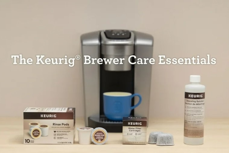 Keurig coffee maker with care products including rinse pods, descaling solution, and water filter cartridge