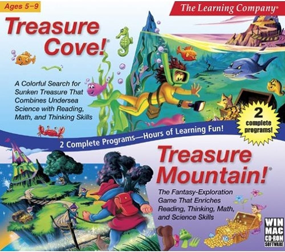 Cover artwork for &quot;Treasure Cove&quot; and &quot;Treasure Mountain&quot; educational games featuring underwater and mountain scenes