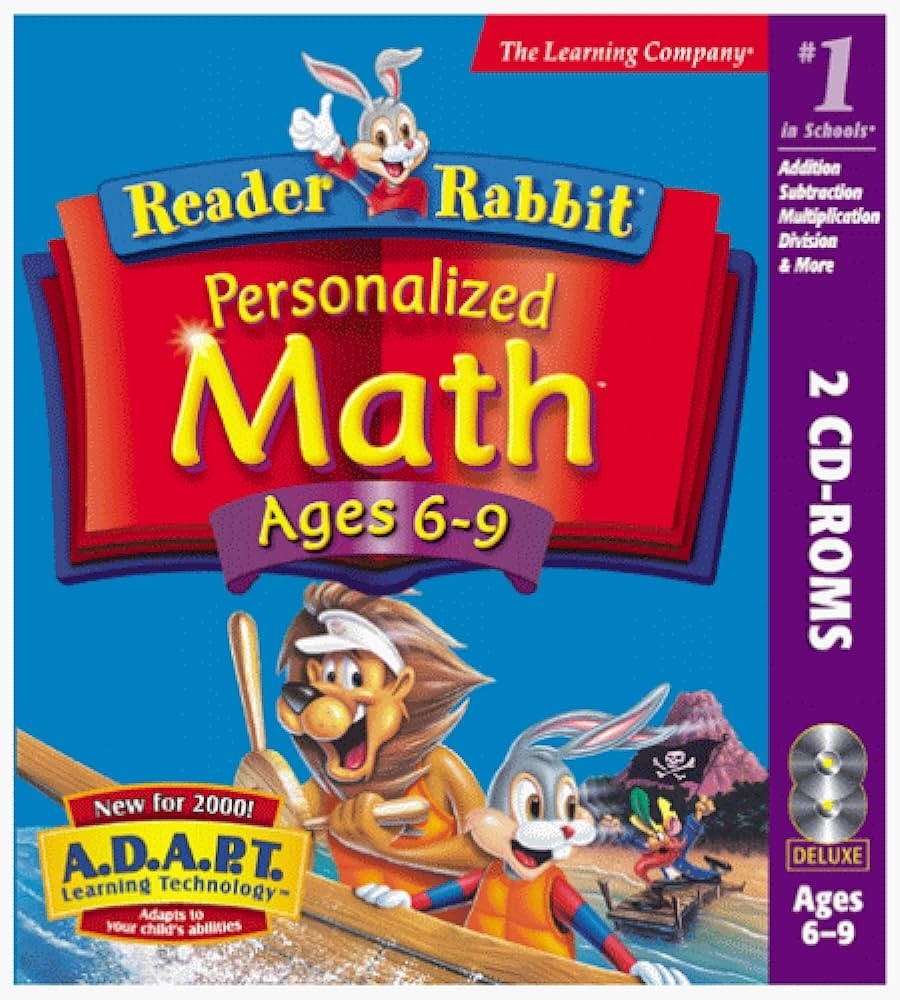 Cover of &quot;Reader Rabbit Personalized Math&quot; software with cartoon characters for ages 6-9. Includes 2 CD-ROMs