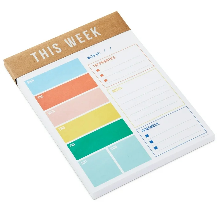 Weekly planner notepad with sections for days, top priorities, notes, and reminders