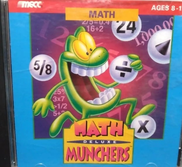 Math Munchers Deluxe game cover featuring a green, cartoonish creature with numbers and mathematical symbols around it, for ages 8-12