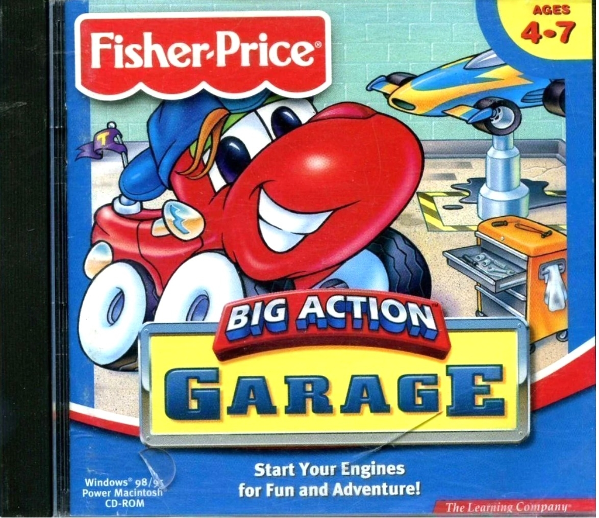 Fisher-Price&#x27;s &quot;Big Action Garage&quot; video game cover featuring animated characters with a car and tools