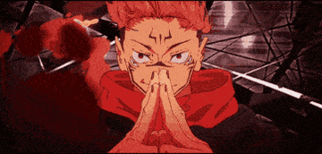 Personaje de anime con peinado rojo realizando un gesto con las manos cerca del rostro