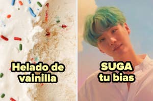 Fotomontaje de helado de vainilla y Suga de BTS, comparación lúdica con texto que dice "SUGA tu bías"