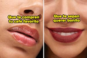 Dos imágenes de labios, uno con brillo transparente y otro con lápiz labial oscuro, con frases sobre el amor y el café