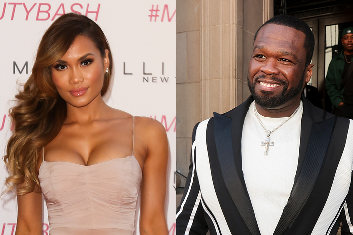 Dorothy Wang in a strapless dress at an event and Curtis "50 Cent" Jackson in a suit with a cross necklace, both posing separately