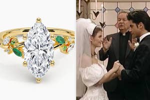 On the left, a marquise diamond ring with pear-shaped side stones. On the right, a couple exchanges vows in front of an officiant