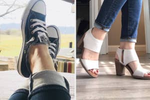 Person with classic sneakers on left; another in heeled sandals on right, both showcasing footwear styles