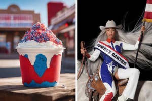 Frozen yogurt with red, white, and blue layers. Photo of Beyoncé styled in a cowboy outfit with a flag