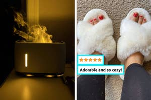 white flaming humidifier and reviewer wearing white fuzzy criss cross slippers