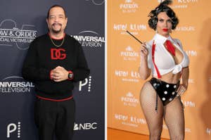 Left: Ice-T in a black and red casual outfit. Right: Heidi Klum in a bold revealing nurse costume