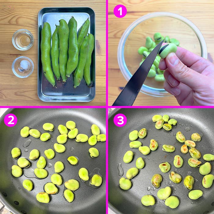 豆の調理方法を段階的に示す4枚の写真。
