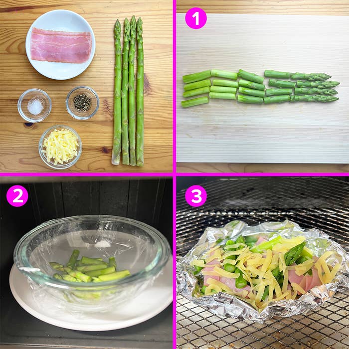ベーコンとアスパラガスの調理手順を示す４コマ画像。