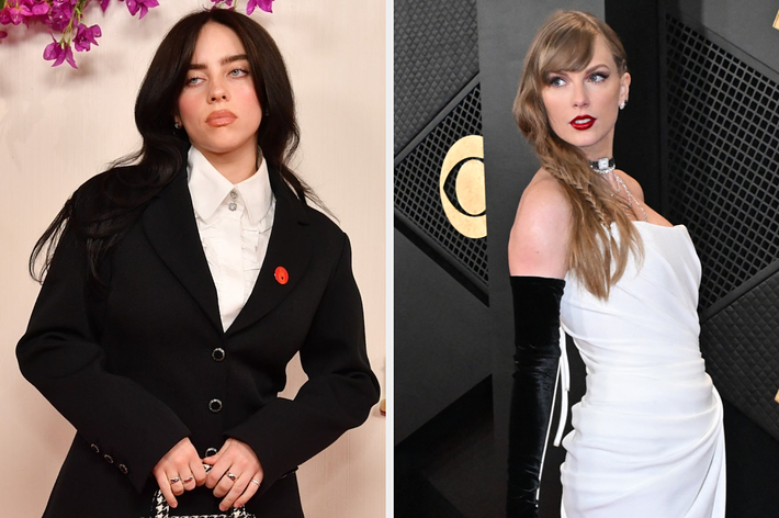 Billie Eilish in a black layered outfit and Taylor Swift in a white dress with black gloves at an event
