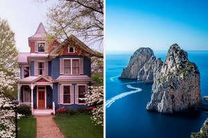 Split image: Left: Victorian-style house with blossoming trees. Right: Rocky cliffs in the sea