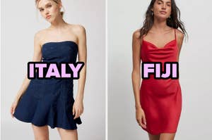 Two models in dresses, left with "ITALY" text overlay, right with "FIJI," no indication of names