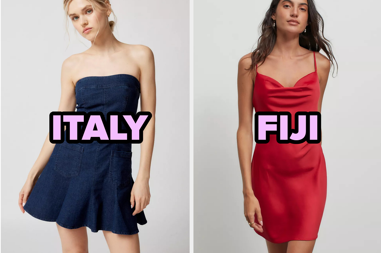 Two models in dresses, left with "ITALY" text overlay, right with "FIJI," no indication of names