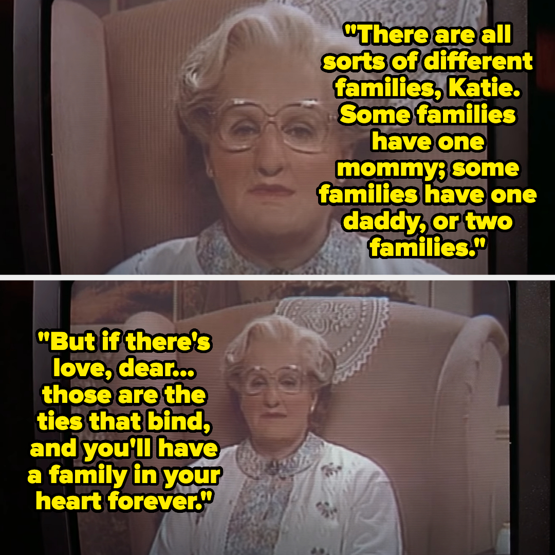 Two scenes from a TV show featuring an elderly character, giving heartfelt advice about the diversity and bond of families