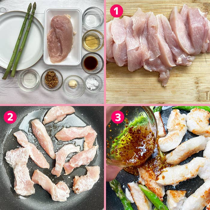 料理手順を説明する画像。生の鶏肉を切って調味料を加え、調理している様子。