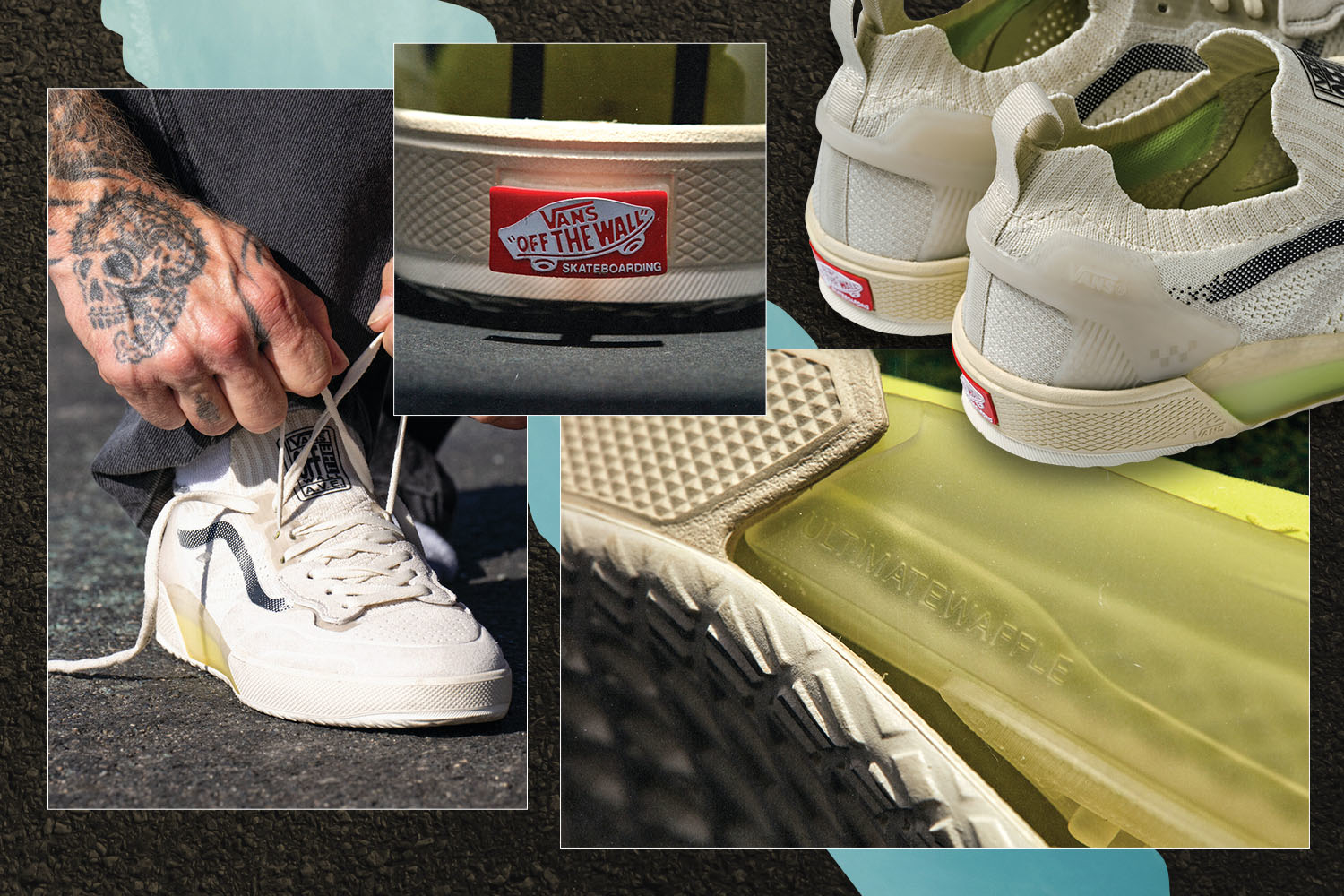 Collage of various sneakers, including a close-up of a Vans shoe with a skater&#x27;s tattoo visible