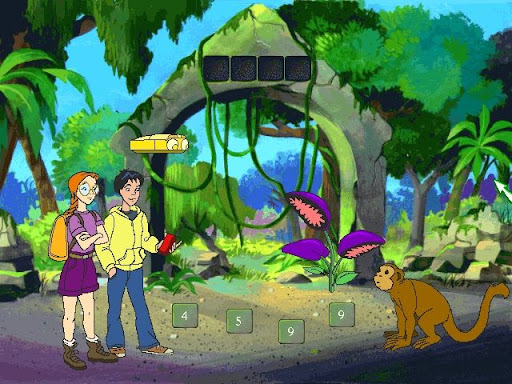 Animated image of two characters, a male and a female, with a monkey on a path, looking at a stone gate with numbers