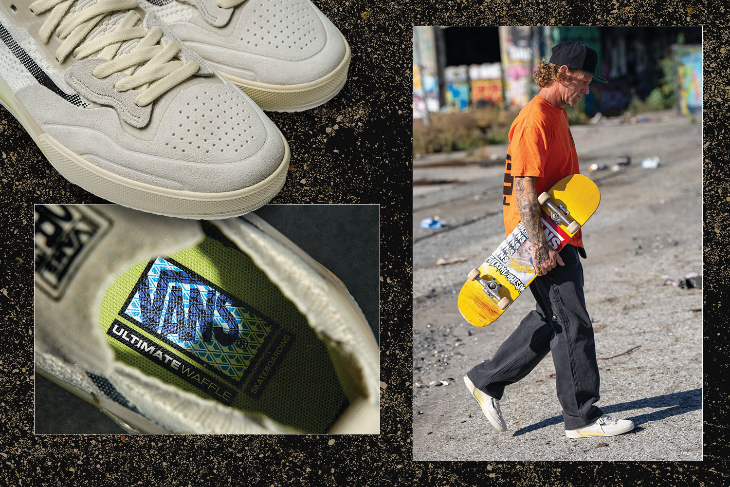 AVE walks with skateboard wearing casual attire and white sneakers. Close-up of sneaker label shown