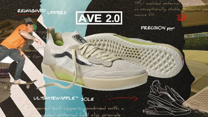 Skateboarder in action behind an AVE 2.0 sneaker ad highlighting shoe features
