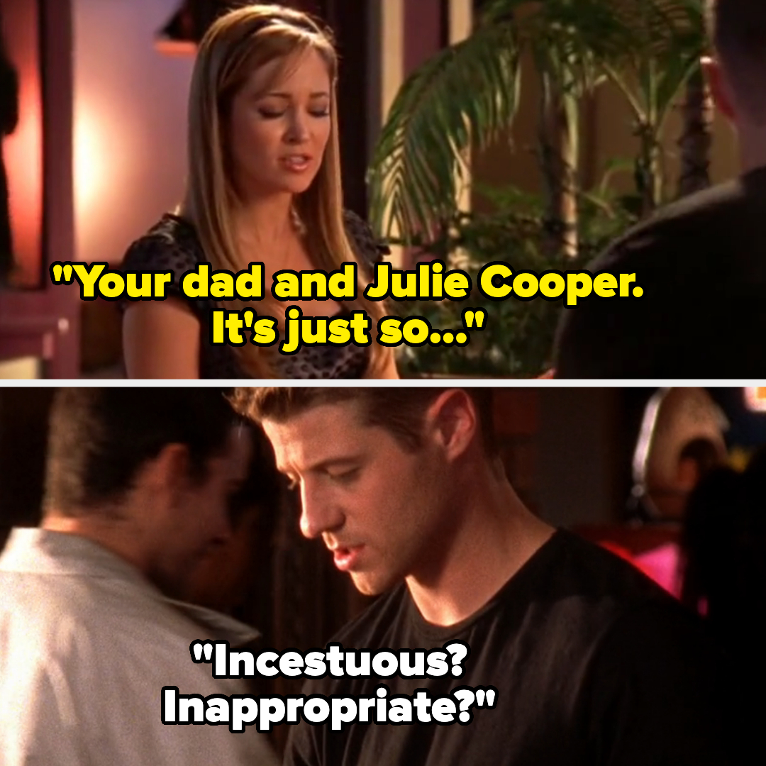 Scene from TV show with two characters in conversation displaying on-screen text of their dialogue