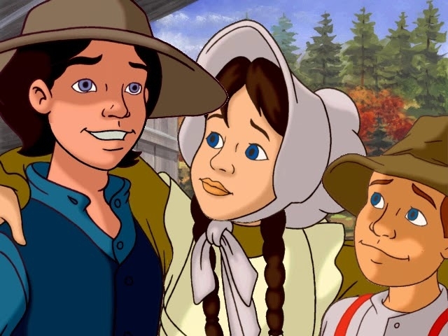 Animated characters resembling a family, with two children and a man in a hat, smiling