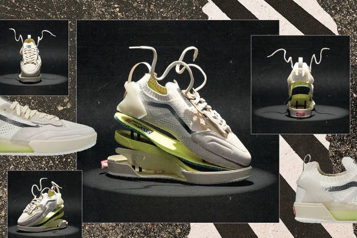 Collage of high-top sneakers with unique lacing system and a fusion of textures, showcased from multiple angles