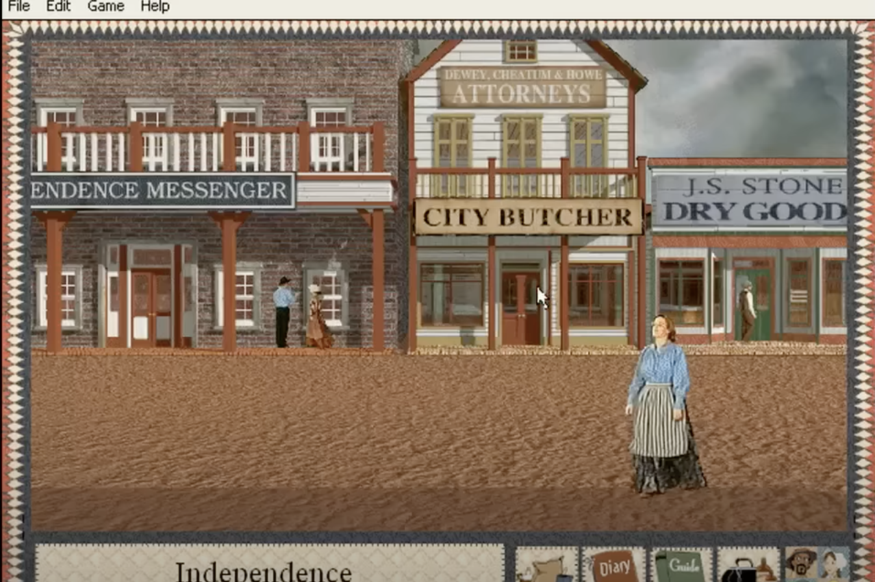 Screenshot of a computer game depicting a historical town scene with buildings and a character in period clothing